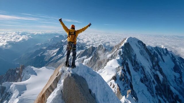Conquering Heights: A solo climber celebrates atop a snow-capped peak, embodying triumph, resilience, and the spirit of overcoming challenges.