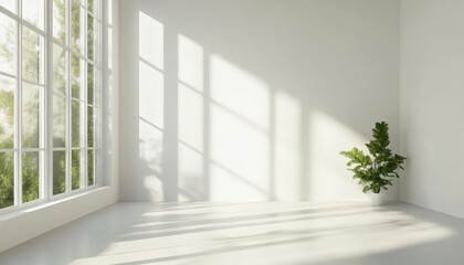 Fototapeta premium Sunlight streams into a minimalist room with white walls and a large window, illuminating a potted plant in the corner