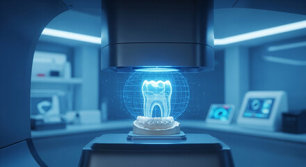 Futuristic dental scanner projecting holographic 3d model tooth within glowing sphere, set in hightech laboratory environment with monitors