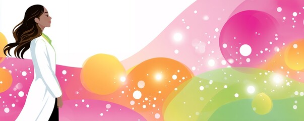 Scientist In White Coat Looking Forward With Colorful Abstract Background And Bokeh Effect