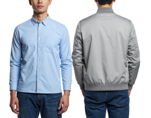 Man in light blue shirt and gray jacket