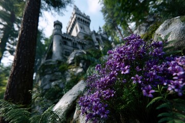 Naklejka premium Castle surrounded by vibrant purple flowers in a lush forest during daylight hours