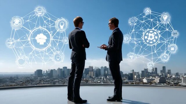 Business Synergy in Cityscape: Two confident businessman engages in deep thought against a backdrop of a sprawling cityscape, digital hud overlay symbolizing strategic partnership - Powered by Adobe