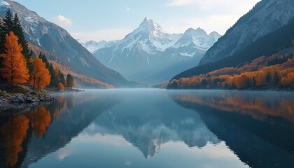 Misty mountain lake reflects autumn trees and snow capped peaks. Calm blue water mirrors fall foliage and clear sky creating peaceful nature scene. Serene landscape offers tranquil scenic panorama.