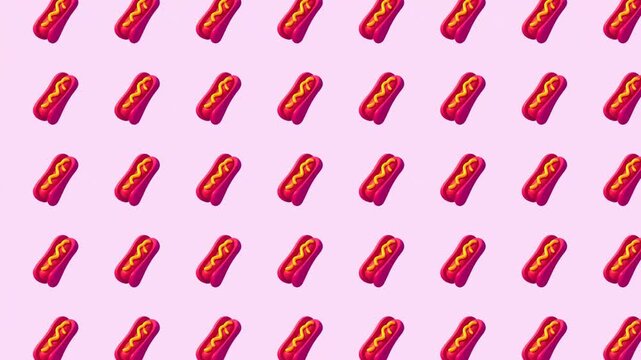 A seamless repeating pattern of stylized hot dogs with mustard on a light pink background.