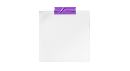 A square white note paper with slightly curved edges, attached by a single purple masking tape on top, soft natural shadow, clean minimalist stationery style, isolated on white background