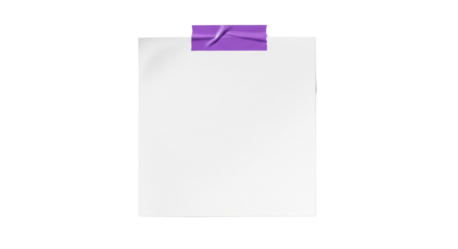 A square white note paper with slightly curved edges, attached by a single purple masking tape on top, soft natural shadow, clean minimalist stationery style, isolated on white background