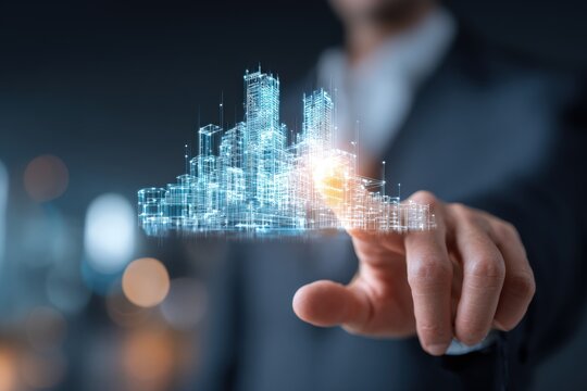 Businessman touching a futuristic glowing digital city hologram with his finger. symbolizing innovation, leadership, and connection between business and technology.