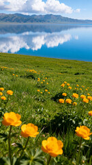 Lake with yellow flowers and mountains