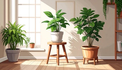 Fototapeta premium Sunlight streams into a room filled with potted plants. Cozy and bright interior scene
