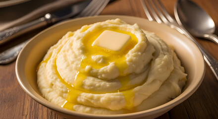 Creamy Buttered Mashed Potatoes In A Bowl With Silverware Displayed Nearby