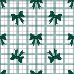 Seamless pattern with green bows on a checkered background. Surface backgraund for decorating textiles, tablecloths, pillows, bedding, gift wrapping and holiday accessories.