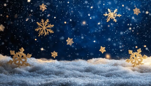 Golden snowflakes falling on a snowy landscape against a dark blue night sky
