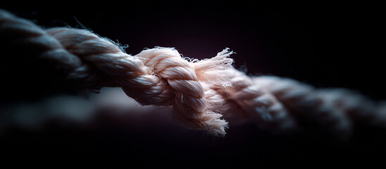 Close-up of a frayed rope under tension symbolizing stress, fragility, and the breaking point — detailed macro concept representing risk, pressure, and emotional strain in life or business