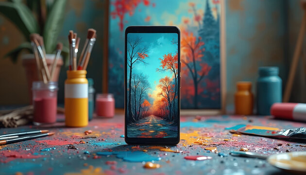 Smartphone shows colorful art on its screen. Artist desk has paints brushes and canvas. Creative mess with art supplies in studio. Digital art creation process.