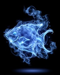 Abstract Blue Fish Made of Smoke and Light on a Black Background