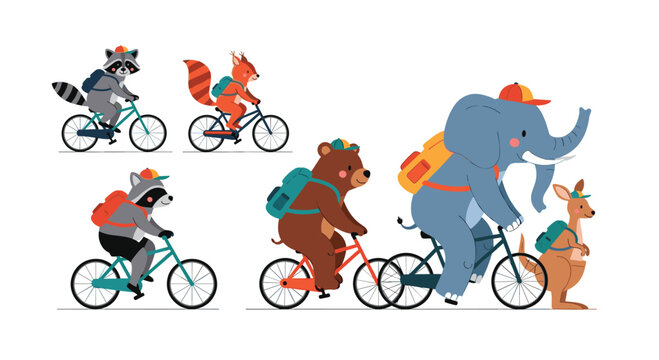 A group of woodland creatures enjoying a bicycle ride together on a sunny day.