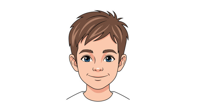 An animated illustration of a young boy with short brown hair and blue eyes smiling.