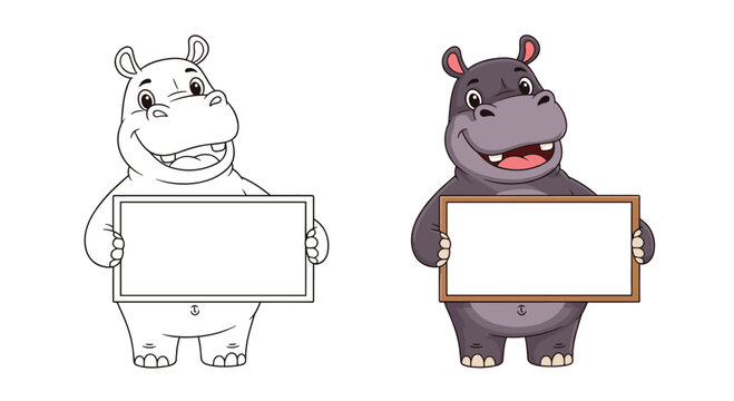 A cute cartoon hippopotamus holding a blank sign for your text or images.