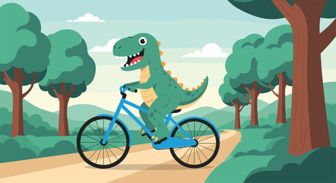 A happy cartoon dinosaur riding a bicycle on a dirt path through a forest.
