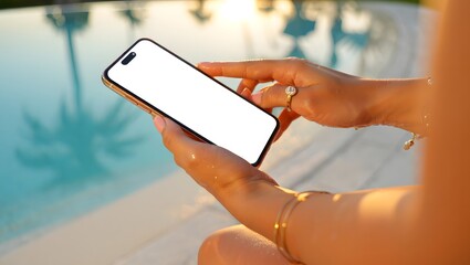 photograph of a beautiful young woman relaxing beside a luxury infinity pool, elegantly holding a mobile smartphone with a bright white screen