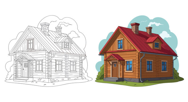 A detailed sketch of a charming wooden house beside a colorful illustration of the same residence.
