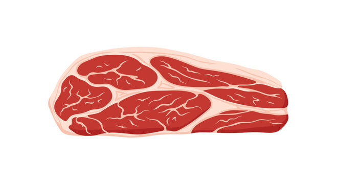 A marbled cut of raw beef with visible fat deposits and muscle fibers for culinary preparation.