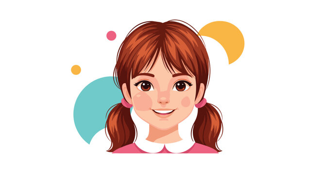 A cute cartoon girl with brown pigtails and a happy smile is featured in this illustration.