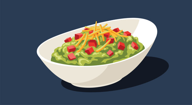 A delicious bowl of fresh guacamole topped with shredded cheese and diced tomatoes.