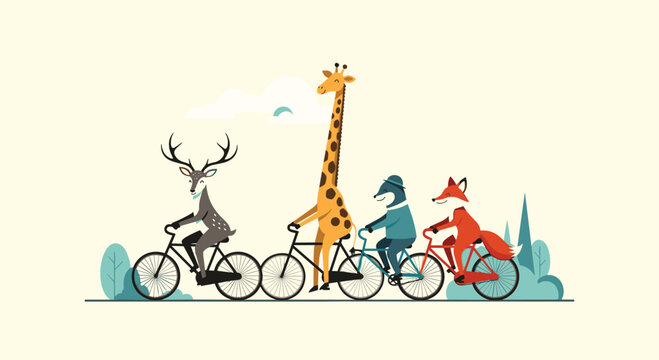A whimsical journey of woodland creatures cycling through a vibrant landscape.