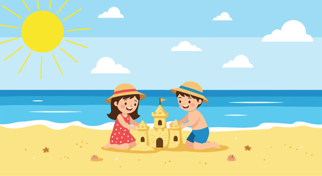 Two smiling children wearing straw hats build a sandcastle together on a sunny beach next to the ocean.