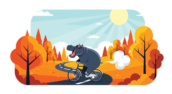 A happy hippopotamus enjoys a sunny autumn day riding a bicycle through colorful trees.