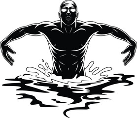 Dynamic swimmer in action with water splashes on transparent background silhouette