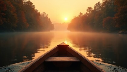View from wooden boat on calm river at sunrise. Autumn trees line misty banks, reflecting golden light. Serene water journey, peaceful nature scene, quiet escape.