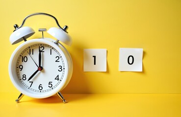White alarm clock displays 8 oclock next to white squares with numbers one and zero on yellow background. Time concept for planning important dates and events, reminder.