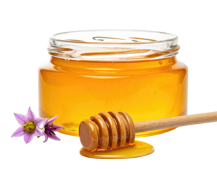 Honey jar with wooden dipper and flower