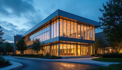 Fototapeta premium Modern glass building glows warmly at dusk. Sleek architecture features large windows revealing office spaces. Clean lines define this contemporary structure against the twilight sky.