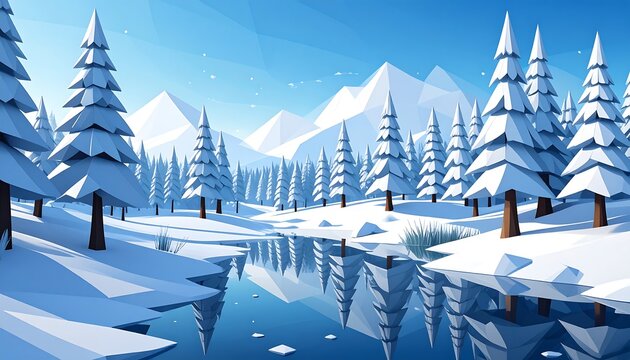 Low-poly winter landscape with snow-covered pines, mountains, and a frozen lake