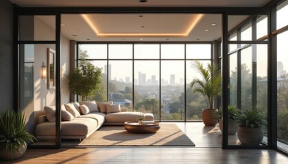 Fototapeta premium Modern living room with large windows city skyline view. Comfortable sectional sofa, coffee table create relaxing ambiance. Indoor plants add touch of nature to elegant urban sanctuary.