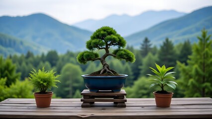 Small bonsai scene in front of distant mountains