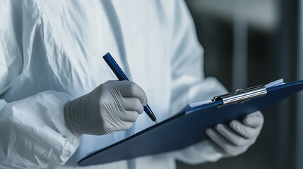 Person in protective suit taking notes on a clipboard with gloved hands, documentation, records management, workplace safety, secure environment