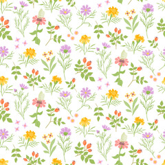 Seamless floral pattern with colorful garden flowers and leaves on a white background. Perfect for fabric, wallpaper, wrapping paper, and textile design.