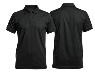 Front and back view of a black polo shirt