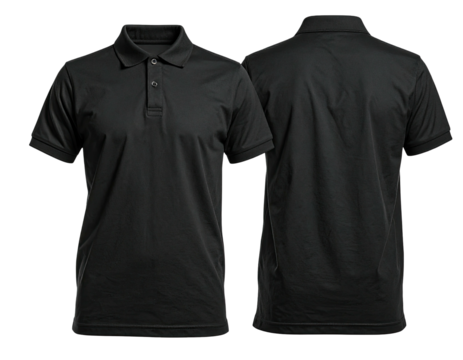 Front and back view of a black polo shirt