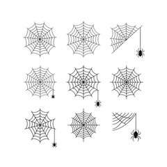 Collection of nine black and white spider web illustrations with spiders, isolated on transparent background