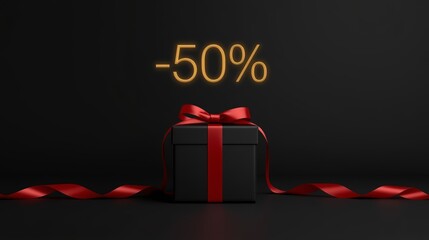 Black Friday elegant black gift box with red ribbon and bow on dark background, luxury half price discount concept, minimalist holiday shopping promotion, modern retail design, stylish festive decor
