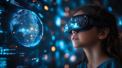 A girl wearing VR glasses interacts with a holographic globe. Generative Ai.