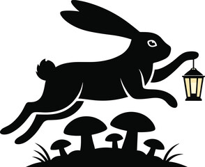 Silhouette rabbit with glowing lantern, leaping over mushrooms and grass, fantasy forest scene, magical night illustration, whimsical animal art