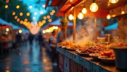 Street food stall serves fried snacks at night. Steam rises from food. People walk past, blurred background, bokeh lights. Festive city event with food trucks and outdoor dining.