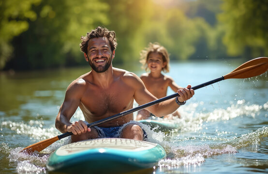 Father and child paddleboarding together on sunny day. Man smiles, rows with daughter. Water sports activities in summer. Family spend time together having fun. Fatherhood and childhood outdoor.